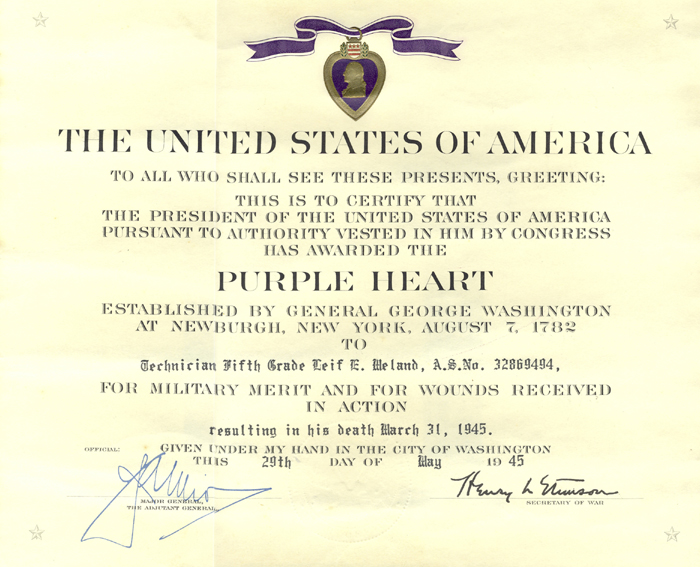 L. Meland (Purple Heart citation)